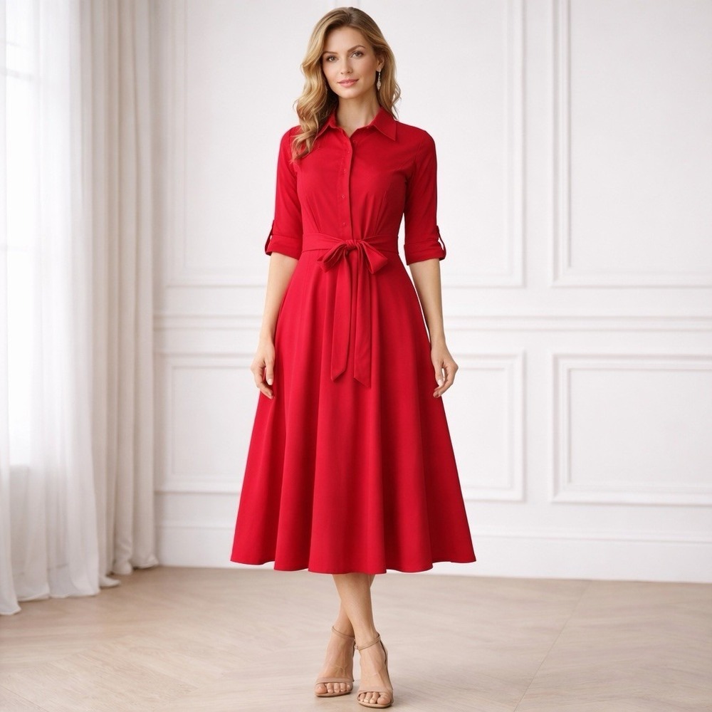 Melissa‎ Masse Made To Measure Custom Red Midi Dress Tie Waist Front/Back Med